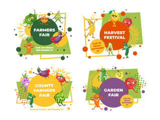 Fototapeta premium Farmers fair poster advertising promo with funny harvest vegetables characters set vector flat