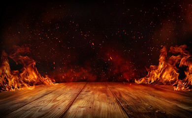 wooden table with Fire burning at the edge of the table, fire particles, sparks, and smoke in the air, with fire flames on a dark background to display products	 - Powered by Adobe