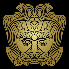 Mask of Green Man from Augsburg, Germany. Medieval Celtic motif. Foliate head of pagan god of nature and vegetation. Black and gold silhouette. Art Nouveau style.