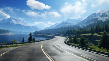 Fototapeta premium Mountains lake highway with beautiful views game art