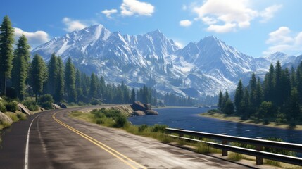 Mountains lake highway with beautiful views game art