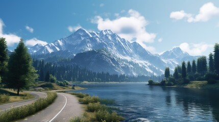 Fototapeta na wymiar Mountains lake highway with beautiful views game art