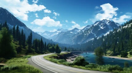 Mountains lake highway with beautiful views game art