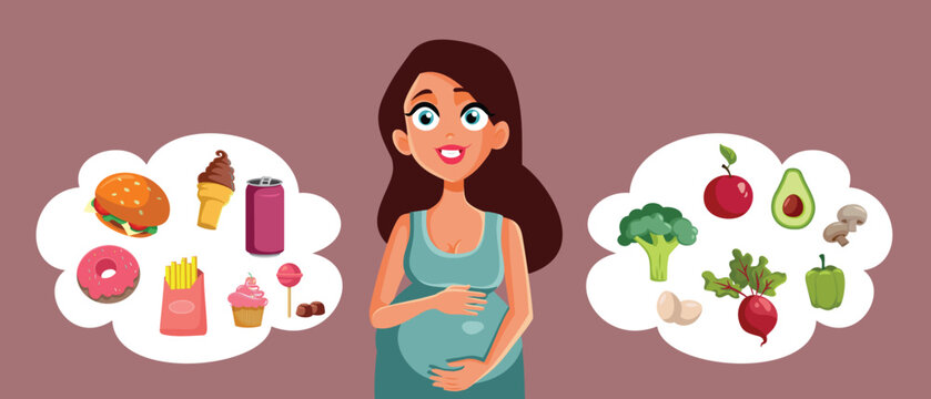 Pregnant Woman Choosing Between Healthy and Unhealthy Diet Vector Cartoon. Mother to be deciding what to eat as sack during pregnancy 
