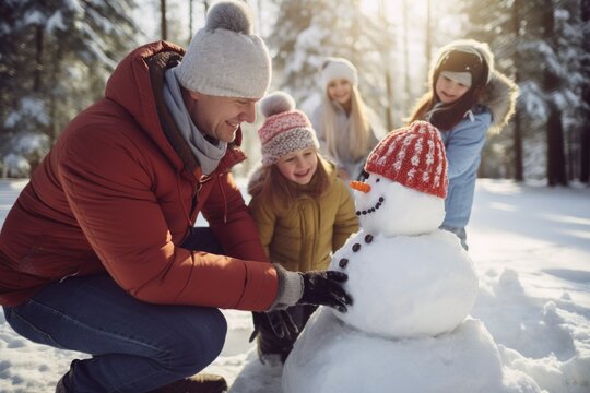 photo of a happy family playing in snow and building a snowman. parents with their children in winter outside in the nature. Generative AI