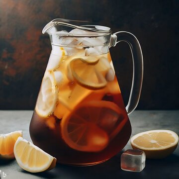 Clear Glass Pitcher with Refreshing Fresh Brewed American Iced Tea or Lemonade Punch Cold Ice Cubes and Slices of Citrus Lemons Summer Drink Against a Lemon Yellow Colored Background, Sugar Sweetened