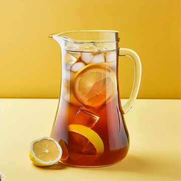 Clear Glass Pitcher with Refreshing Fresh Brewed American Iced Tea or Lemonade Punch Cold Ice Cubes and Slices of Citrus Lemons Summer Drink Against a Lemon Yellow Colored Background, Sugar Sweetened
