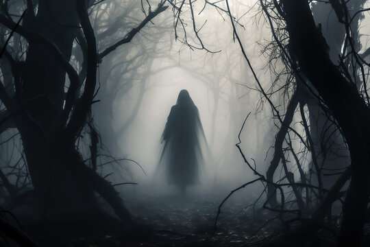 Ghost silhouette in the dark scary woods, Halloween illustration, ai generated
