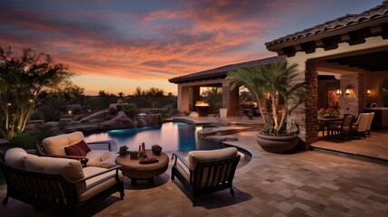 Fototapeta na wymiar Tuscan style villa in the serene and upscale community of Scottsdale, Arizona, complete with a private courtyard and a spa