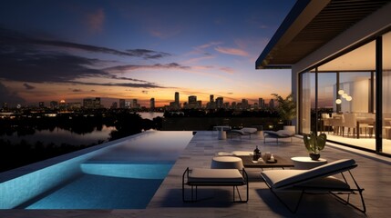 Fototapeta premium Modern villa with a private rooftop infinity pool overlooking the Miami skyline in Florida