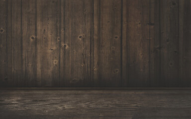 Old wooden wall with wooden floor, Wooden floor Empty space for displaying food or beverage product, perspective wooden floor, Product display background, free space for your decoration