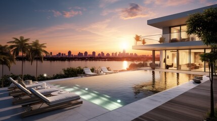 Fototapeta premium Modern villa with a private rooftop infinity pool overlooking the Miami skyline in Florida