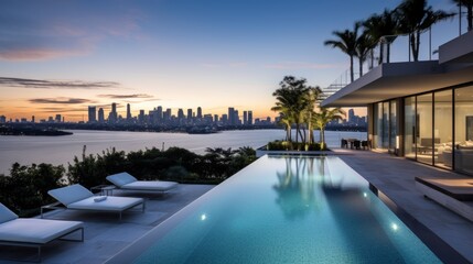 Obraz na płótnie Canvas Modern villa with a private rooftop infinity pool overlooking the Miami skyline in Florida