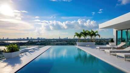 Fototapeta premium Modern villa with a private rooftop infinity pool overlooking the Miami skyline in Florida
