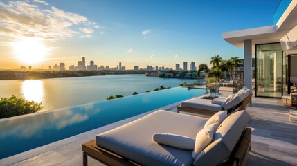 Fototapeta premium Modern villa with a private rooftop infinity pool overlooking the Miami skyline in Florida