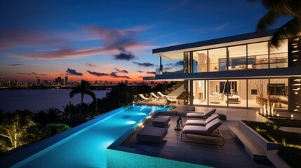 Modern villa with a private rooftop infinity pool overlooking the Miami skyline in Florida