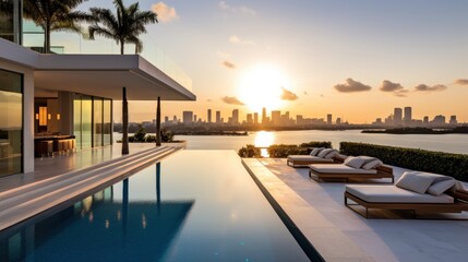 Fototapeta premium Modern villa with a private rooftop infinity pool overlooking the Miami skyline in Florida