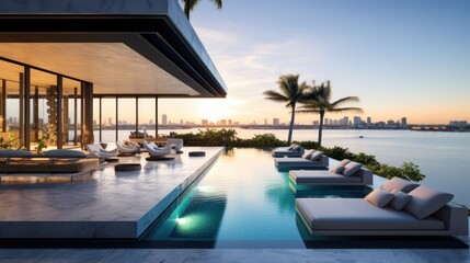 Fototapeta premium Modern villa with a private rooftop infinity pool overlooking the Miami skyline in Florida
