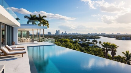 Fototapeta premium Modern villa with a private rooftop infinity pool overlooking the Miami skyline in Florida