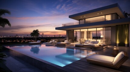 Fototapeta premium Modern villa with a private rooftop infinity pool overlooking the Miami skyline in Florida