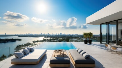 Fototapeta premium Modern villa with a private rooftop infinity pool overlooking the Miami skyline in Florida