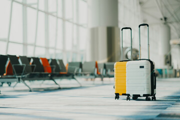 Two suitcases in an empty airport hall, traveler cases in the departure airport terminal waiting for the area, vacation concept, blank space for text message or design