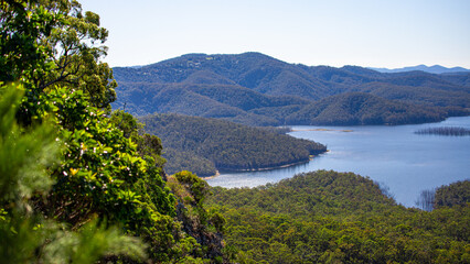 Panorama of advancetown lake and springbrook national park as seen from the top of pages pinnacle mountain ridge; hiking in the mountains near gold coast, queensland, australia	 - obrazy, fototapety, plakaty