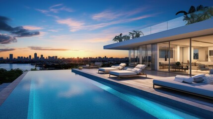 Modern villa with a private rooftop infinity pool overlooking the Miami skyline in Florida