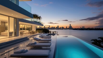 Fototapeta premium Modern villa with a private rooftop infinity pool overlooking the Miami skyline in Florida