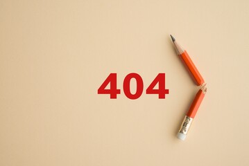 Red broken pencil with 404 error code on color background. Concept of online internet web. 404...