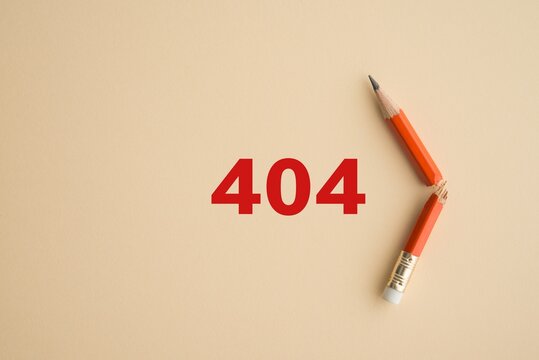 Red broken pencil with 404 error code on color background. Concept of online internet web. 404 sorry, page not found is HTTP status code error that indicates server could not find what was requested.