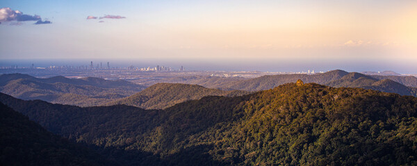 panorama of gold coast as seen from springbrook national park mountains; gold coast skyline,...