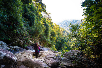 backpacker girl sitting at the top of waterfall in australian rainforest, warrie circuit in springbrook national park, queensland