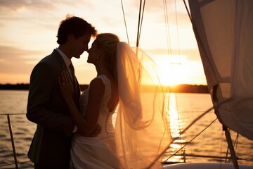 bride and groom wearing suit and wedding dress on the yacht at the sea smiling laughing and kissing. cute candid photography. wedding at the sea. happy family. looking at each other. Generative AI - obrazy, fototapety, plakaty
