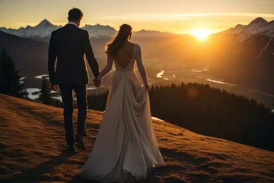 bride and groom having their wedding in the alps mountains at the sunset looking at the sun. beautiful nature. wearing suit and wedding dress. cute candid photo. Generative AI