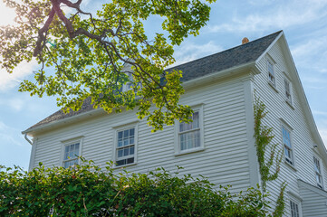 A historical two story white wooden house with multiple small glass windows, a black shingled peaked roof, and lace curtains. There are shrubs, trees, and vines creeping up the side of the building.