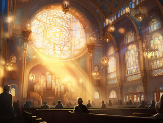 A Illustration of a Synagogue Filled with People on Rosh Hashanah, with Rays of Light Shining Through Stained-Glass Windows | Generative AI