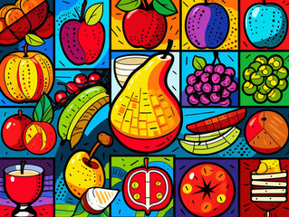 A Pop Art Grid of Various Rosh Hashanah Symbols in Vibrant Colors | Generative AI