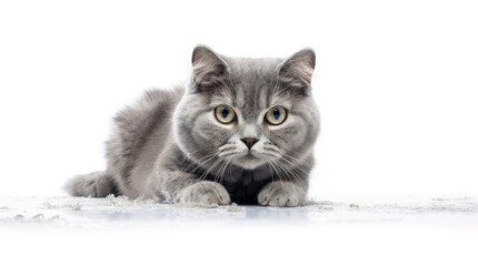 Funny large longhair gray tabby cute kitten with beautiful blue eyes. Pets and lifestyle concept. Lovely fluffy cat on white background.