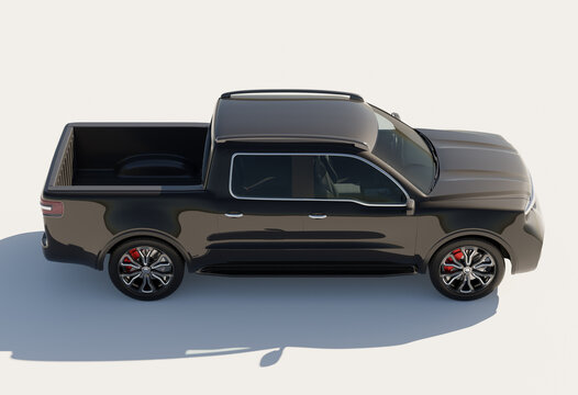 Side view of Black Electric Pickup Truck on white background. Generic design. 3D rendering image.