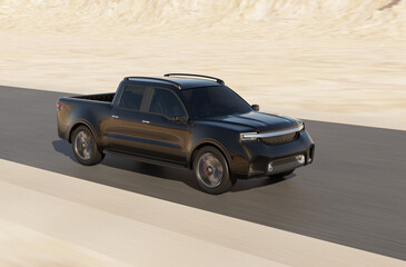 Obraz premium Black Electric Pickup Truck driving on desert road. Generic design. 3D rendering image.