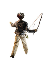 a traveler tourist dressed as Indiana Jones stands as a symbol of travel and tourism