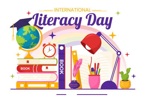 International Literacy Day Vector Illustration on 8th September with Book and Educational Equipment in Education Holiday Cartoon Hand Drawn Templates