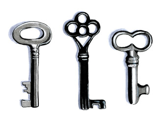 Set of Antique Keys Markers Hand Illustration Monochrome 