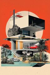Stunning mixed media illustration with modernist collage with modern sunlit building, staircase and car. abstract architecture and montage of layered elements. Conceptual housing composition, mansion
