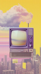 Digital vertical collage with 1960s old TV on a purple sky, surreal background with clouds, abstract vintage photo montage. paper cutout on retro screen television, poster with old-fashioned monitor 