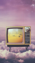 Digital collage with 1960s old TV on a purple sky, surreal background with clouds, abstract vintage photo montage. paper cutout on retro screen television, art layered, old-fashioned monitor 