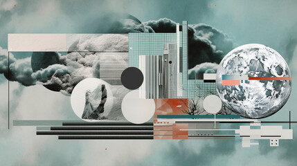Surreal full moon and planet in the sky with clouds, horizontal abstract poster, dreamy collage, satellites. Cutout space elements and clipped globe. Decorative wallpaper for the home, moonlight