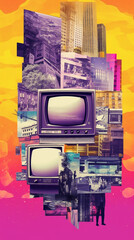 Digital vertical collage with 1960s old TV on a purple sky, surreal background with clouds, abstract vintage photo montage. paper cutout on retro screen television, poster with old-fashioned monitor