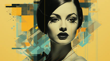 Close-up portrait of a glamorous lady wearing lipstick, digital collage, retro futurist atmosphere, 1920s modernist vibe, cinematic beauty make-up, look of a striking woman. Black and white tones